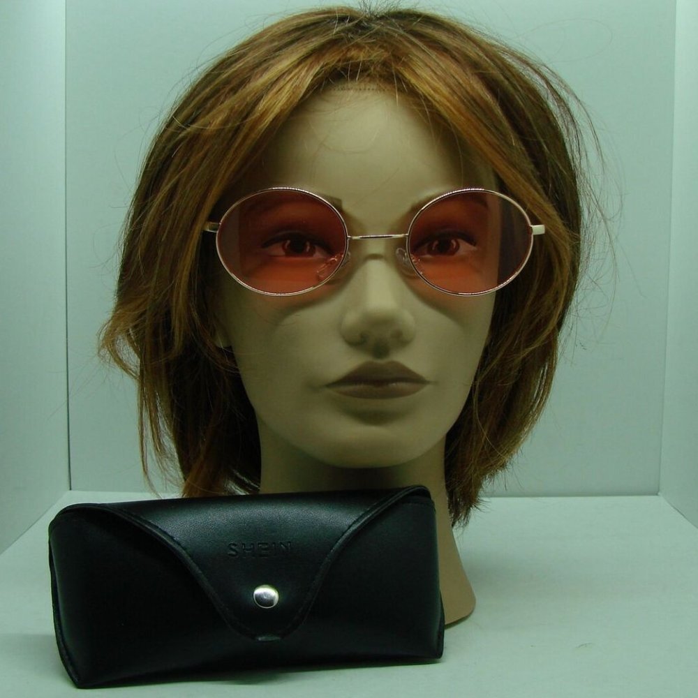 Shein Womens Round Shape Fashion Sunglasses Peach Lens Copper Metal Frame w/Case